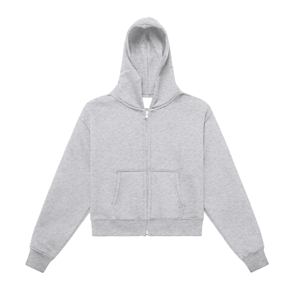 Gray Fleeced Zip-Up Cropped Hoodie
