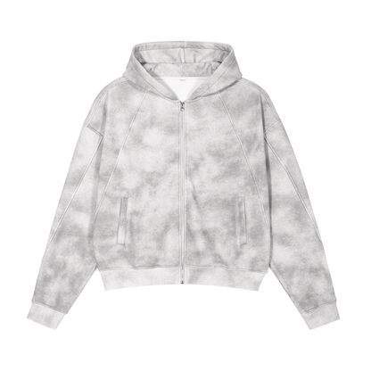 KK signature Dirty Washed Boxy Zip-up Fleece Hoodie