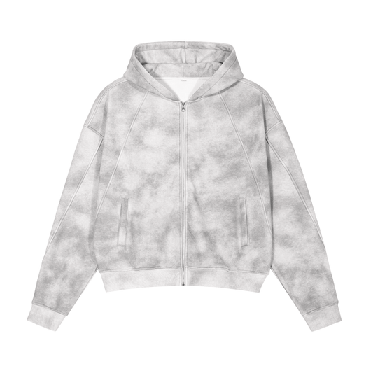 KK signature Dirty Washed Boxy Zip-up Fleece Hoodie